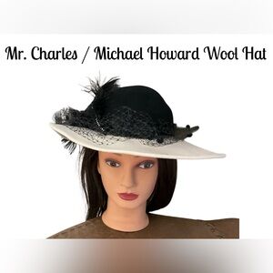 Mr. Charles Vintage Wide Brim Hat Black Ivory Veil Feather Easter Derby Party